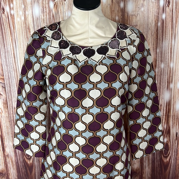 Tory Burch 3/4 Sleeve Silk Patterned Sequin Accent Dress 6 - Picture 2 of 8